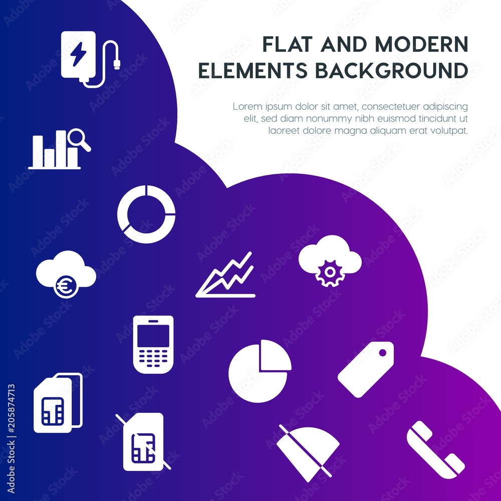Poster cloud and networking, charts, mobile, bookmarks fill vector icons and elements background concept on