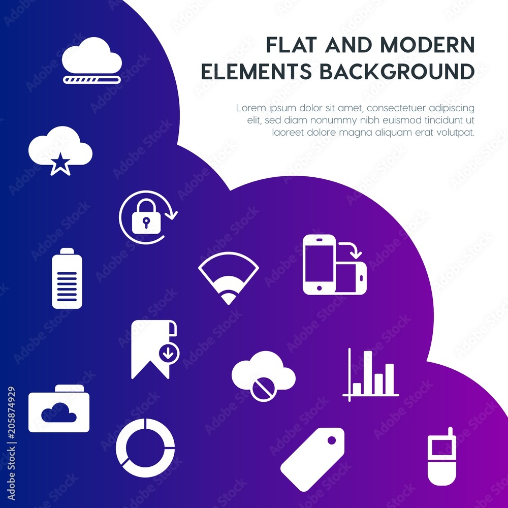 Poster cloud and networking, charts, mobile, bookmarks fill vector icons and elements background concept on