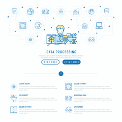 Data processing concept: smm manager analyzes and collects data. Thin line icons: filtering, deep learning, mobile syncing, modeling API, usage, tracking. Modern vector illustration, web page template