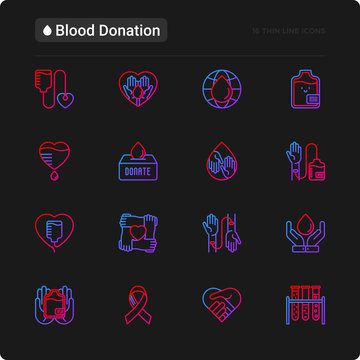 Blood donation, charity, mutual aid thin line icons set. Symbols of blood transfusion, medical help and volunteers. Vector illustration for World donor day.