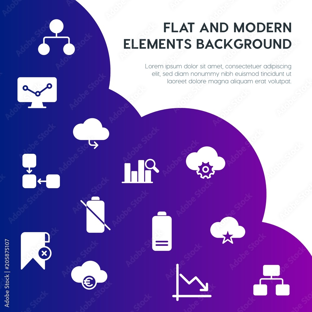 Poster cloud and networking, charts, mobile, bookmarks fill vector icons and elements background concept on
