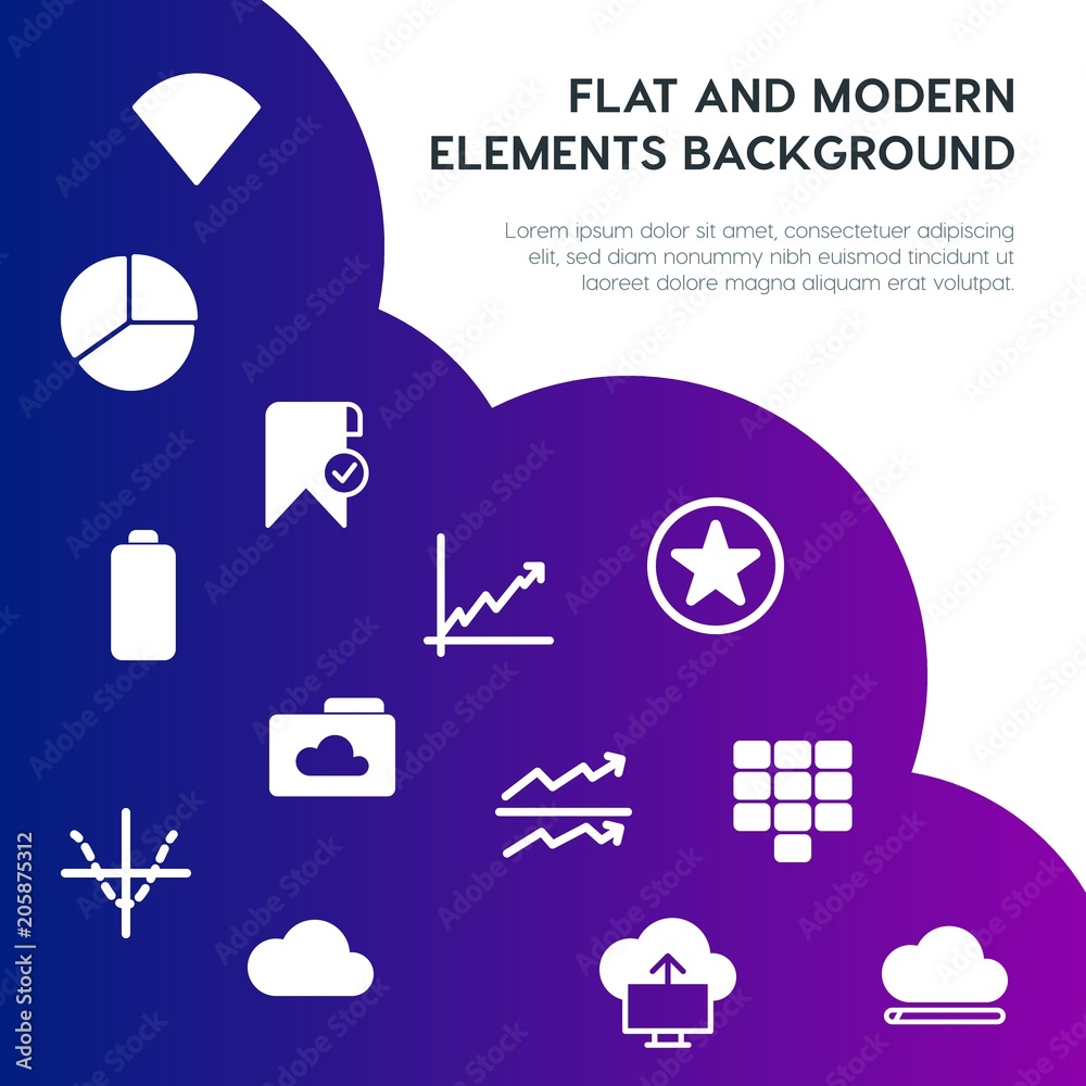 Poster cloud and networking, charts, mobile, bookmarks fill vector icons and elements background concept on