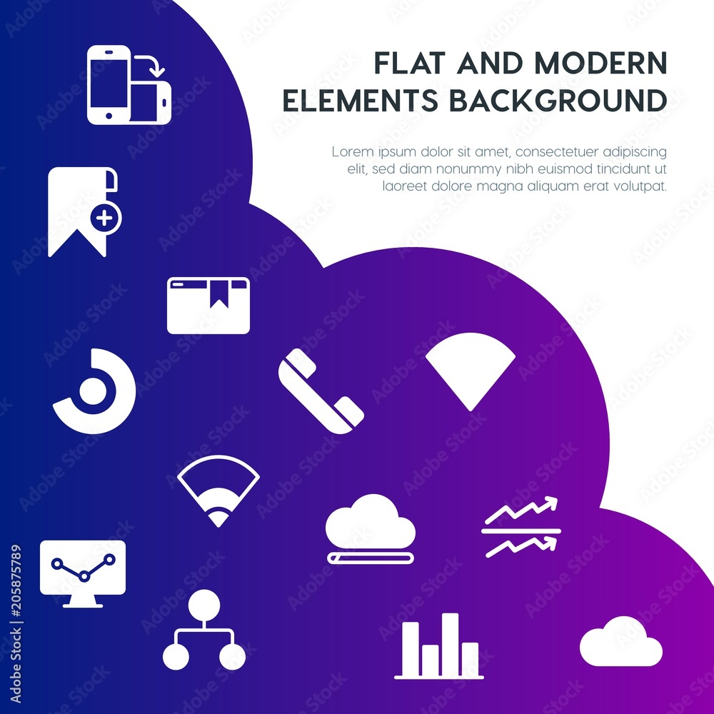 Poster cloud and networking, charts, mobile, bookmarks fill vector icons and elements background concept on