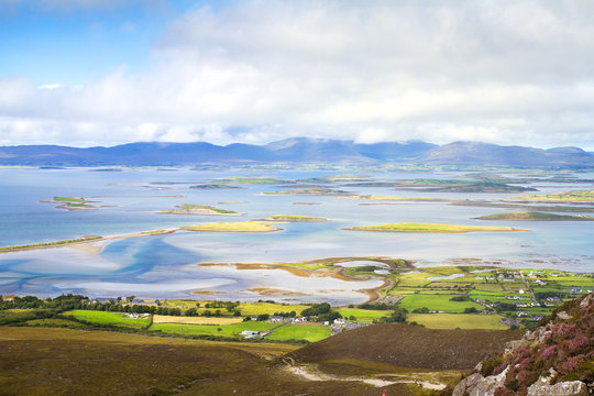 Beautiful scenic sea and mountain landscape with islands. View from Croagh Patrick - mountain in Co. Mayo, Westport, West coast of Ireland, Atlantic ocean