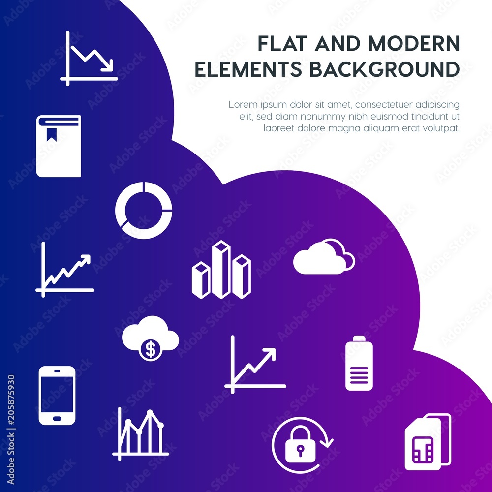 Poster cloud and networking, charts, mobile, bookmarks fill vector icons and elements background concept on
