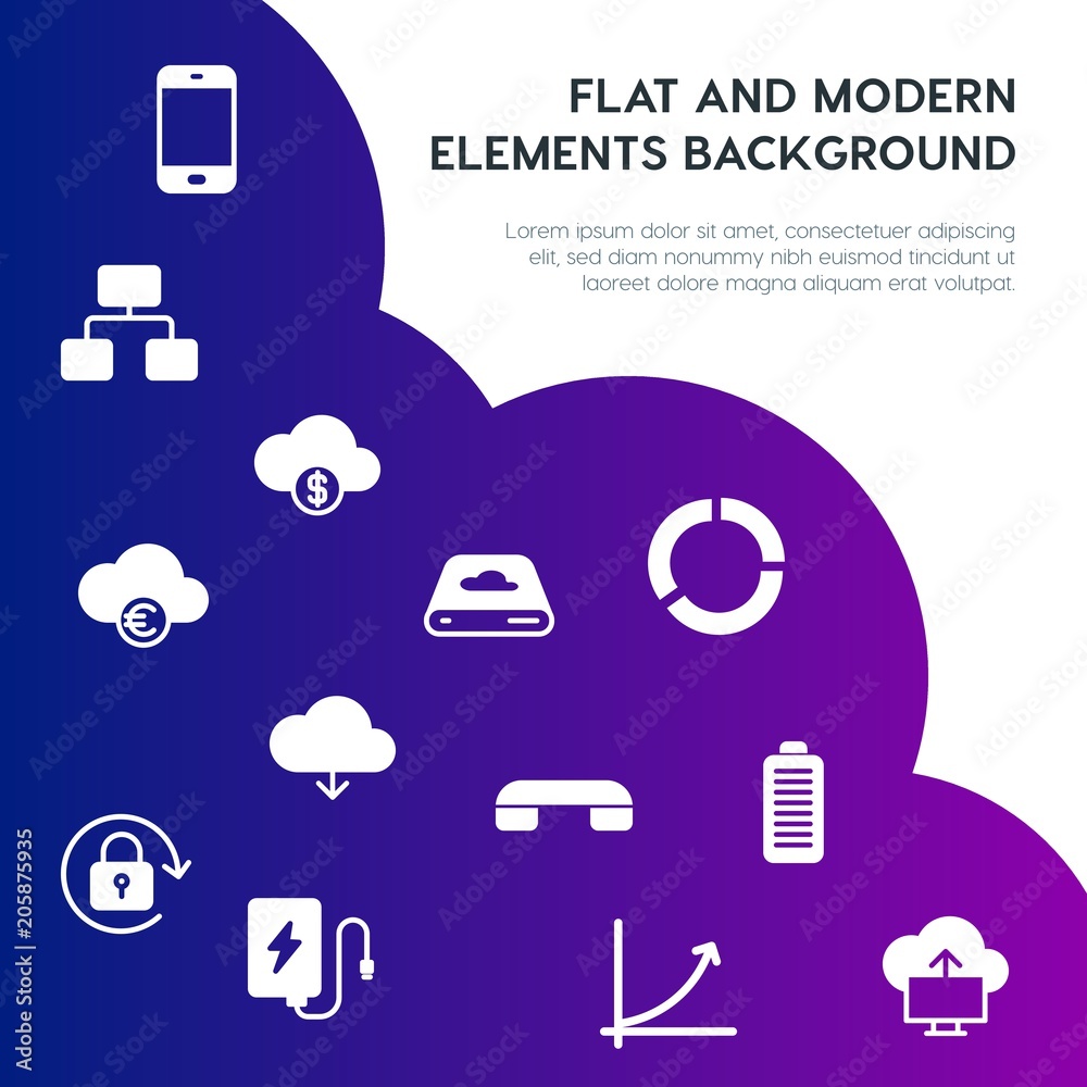 Poster cloud and networking, charts, mobile, bookmarks fill vector icons and elements background concept on