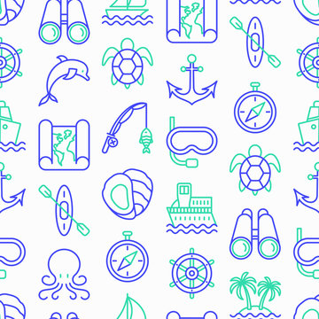 Sea and ocean journey seamless pattern with thin line icons: sailboat, fishing, ship, oysters, anchor, octopus, compass, steering wheel, snorkel, dolphin, sea turtle. Modern vector illustration.