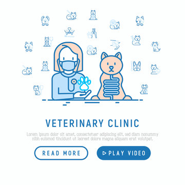 Veterinary clinic concept. Thin line icons: injection, cardiology, cleaning of ears, teeth, shearing claws, broken leg. Vector illustration, web page template.
