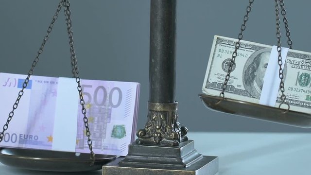 Euro outweighs dollar on scales, concept of international relations, trading