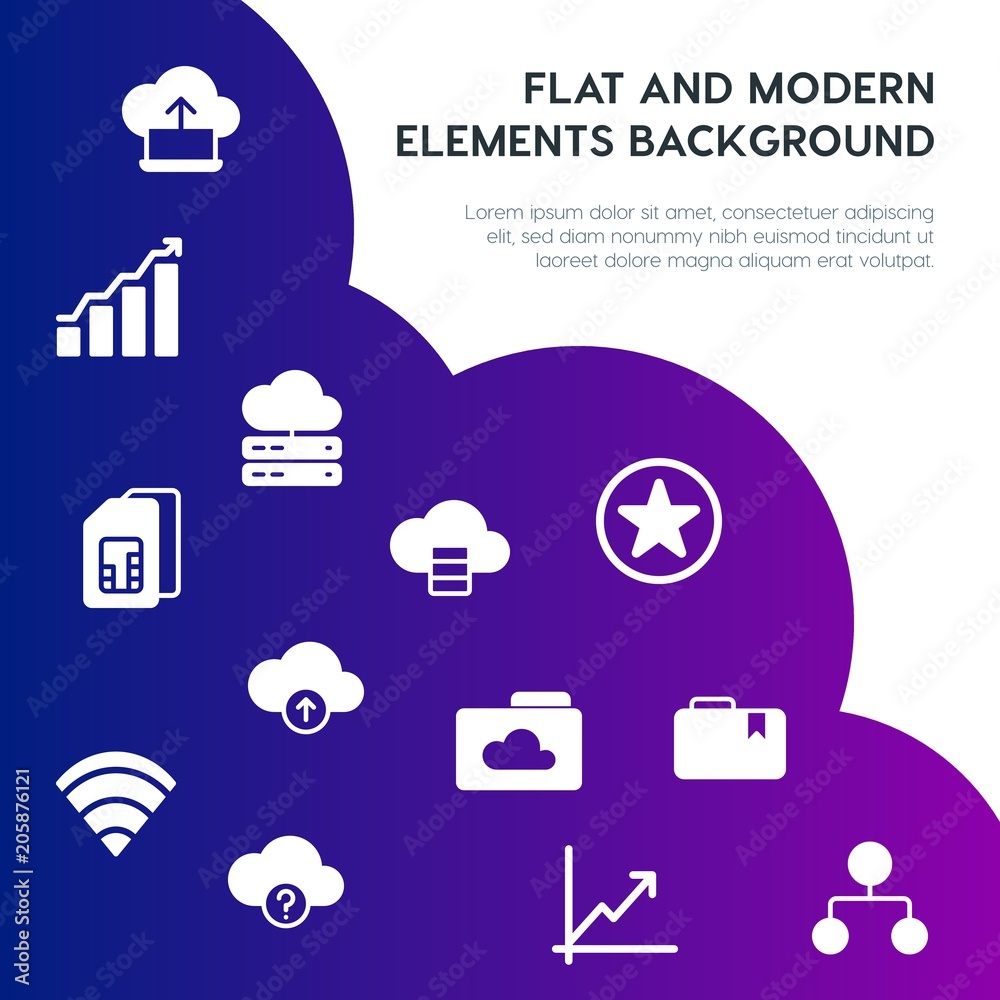 Poster cloud and networking, charts, mobile, bookmarks fill vector icons and elements background concept on