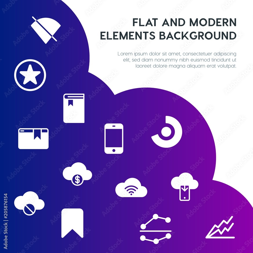 Poster cloud and networking, charts, mobile, bookmarks fill vector icons and elements background concept on