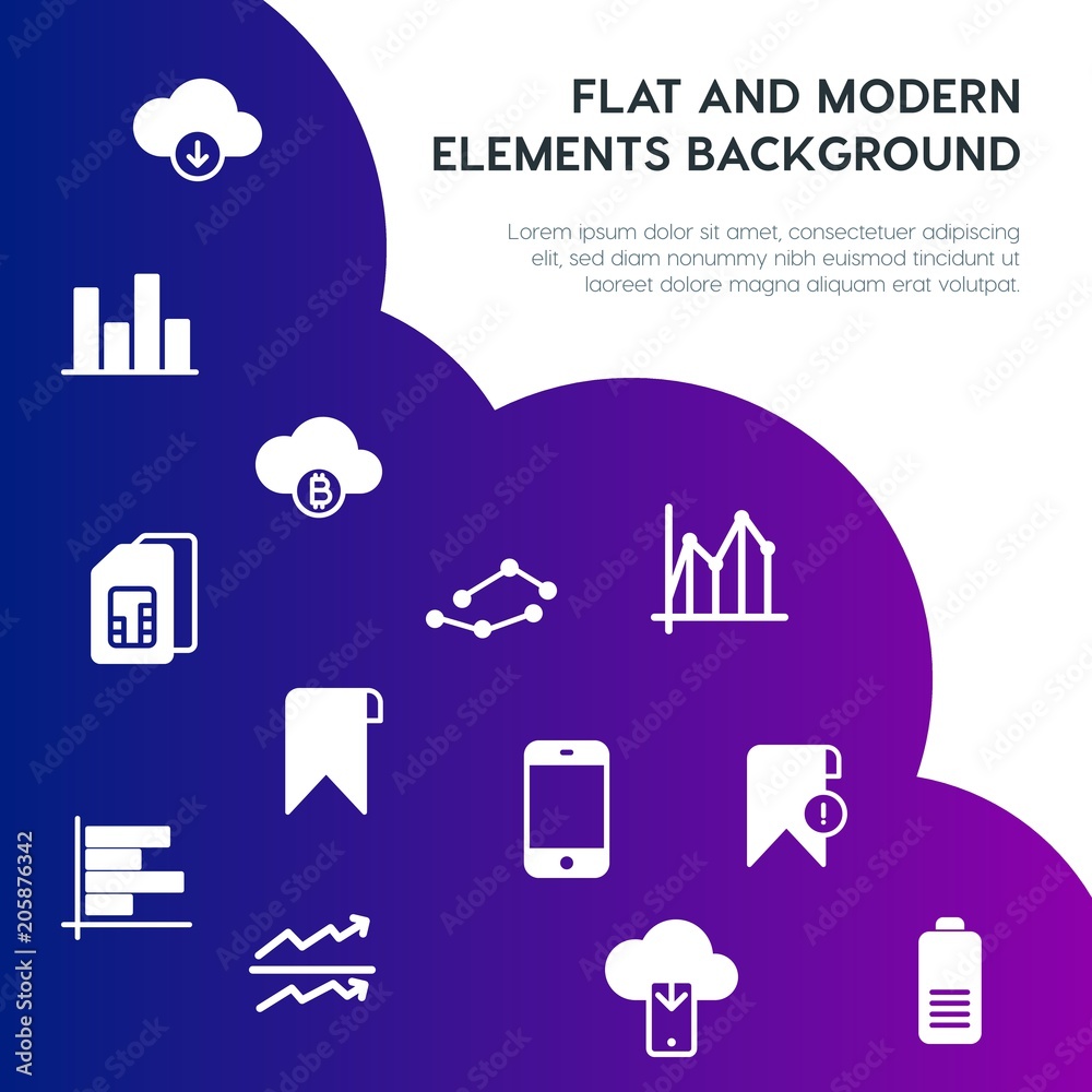 Poster cloud and networking, charts, mobile, bookmarks fill vector icons and elements background concept on