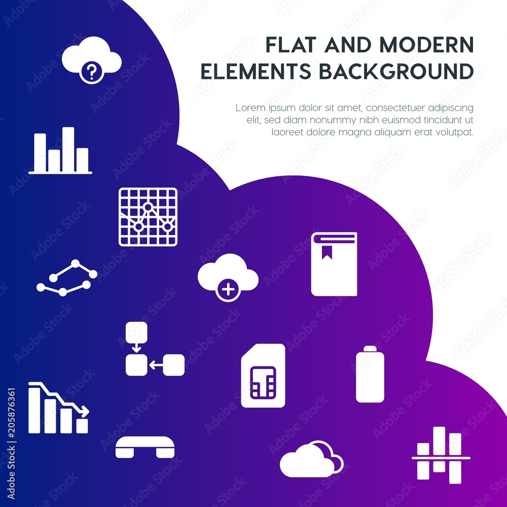 Poster cloud and networking, charts, mobile, bookmarks fill vector icons and elements background concept on