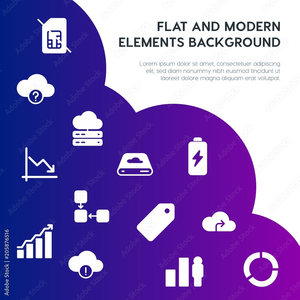 Poster cloud and networking, charts, mobile, bookmarks fill vector icons and elements background concept on