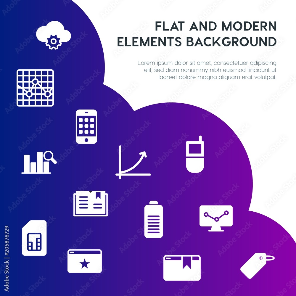 Poster cloud and networking, charts, mobile, bookmarks fill vector icons and elements background concept on