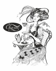 The girl with the hat and the vintage dress. Lady drinks tea. Beautiful woman. Charm. Inscription. Graphics. Black-white.  Vector