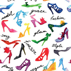 Fototapeta premium shoes/Watercolor collection of woman shoes. Seamless pattern.