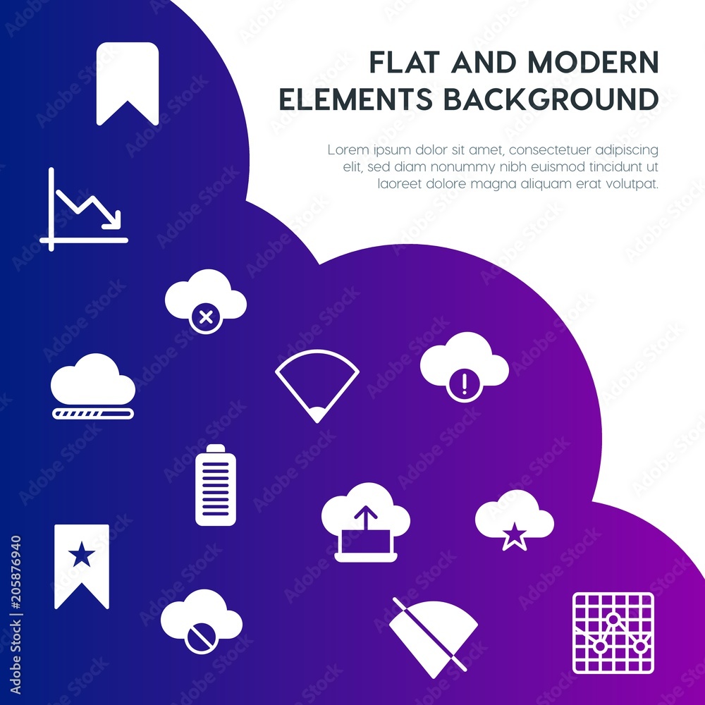 Poster cloud and networking, charts, mobile, bookmarks fill vector icons and elements background concept on