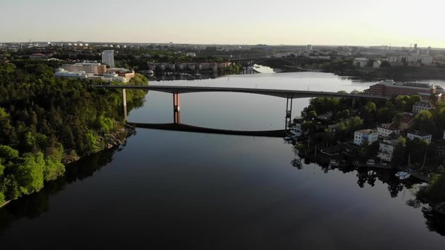 Aerial footage of the Stockholm island Stora Essingen and its tramway track bridge "Alviksbron"