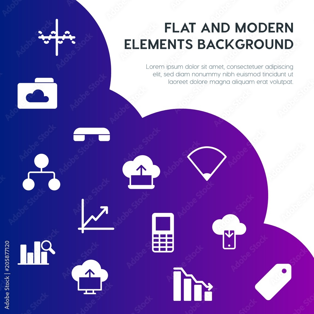 Poster cloud and networking, charts, mobile, bookmarks fill vector icons and elements background concept on