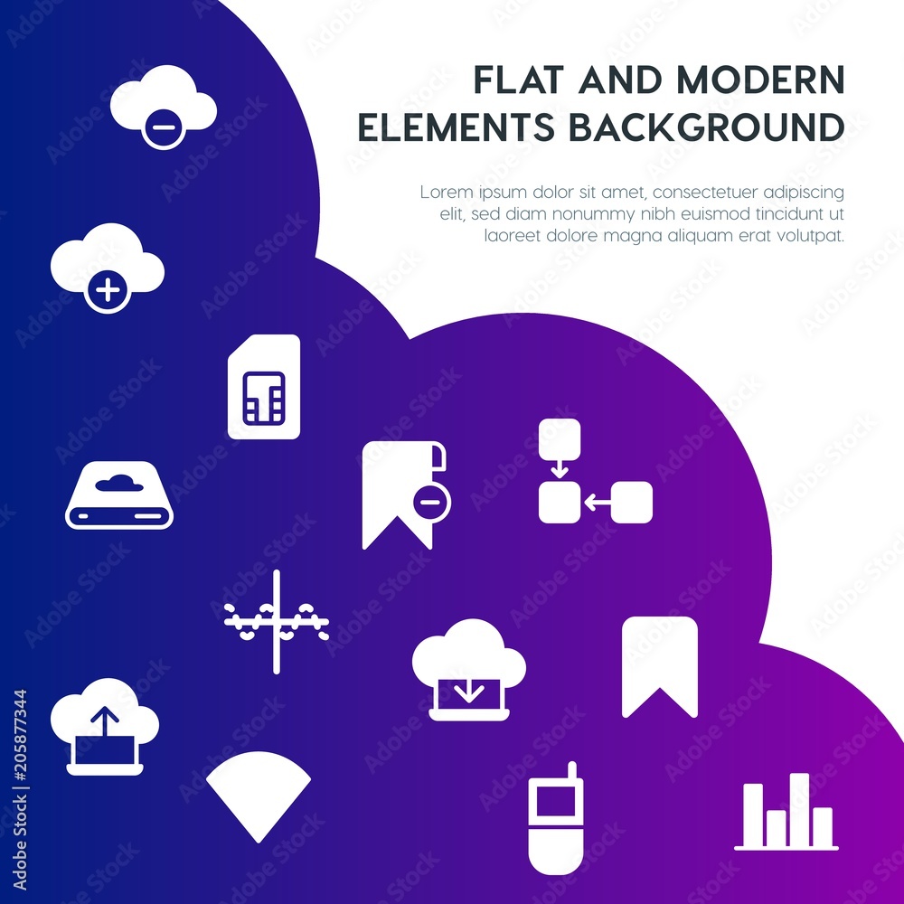 Poster cloud and networking, charts, mobile, bookmarks fill vector icons and elements background concept on