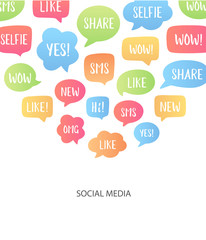Vector illustration with color speech bubbles with popular social media phrases: selfie, like, wow, sms, hi etc. Copy space for your text. Communication, chat, dialog, gadgets, social media concept.