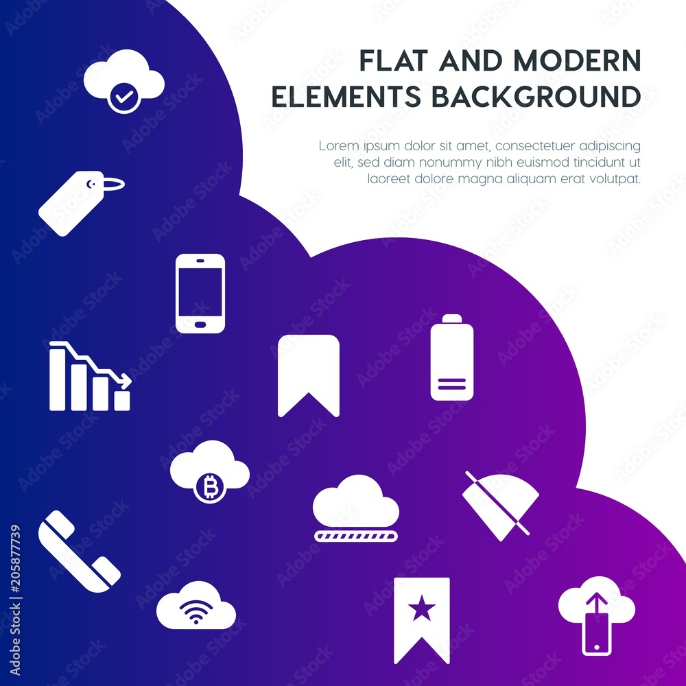 Poster cloud and networking, charts, mobile, bookmarks fill vector icons and elements background concept on