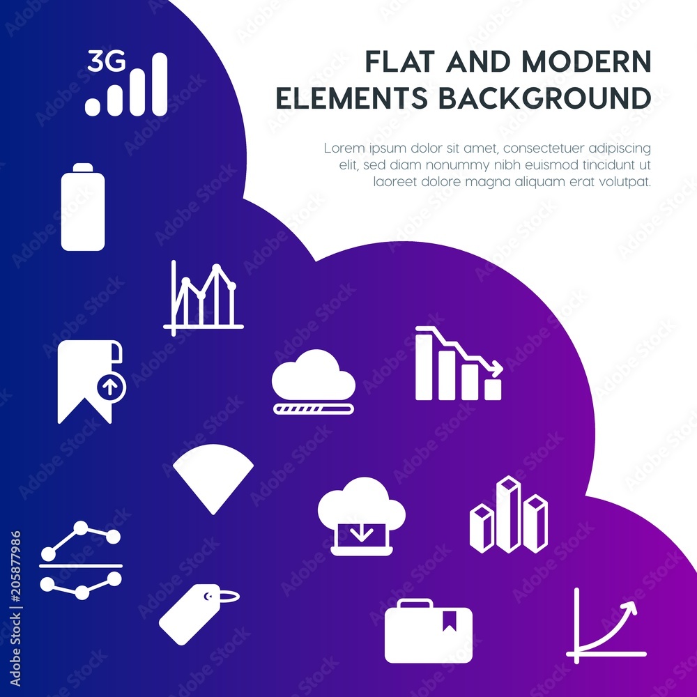 Poster cloud and networking, charts, mobile, bookmarks fill vector icons and elements background concept on