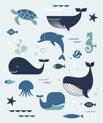 Sea life, whales, dolphins icons and illustrations, poster design