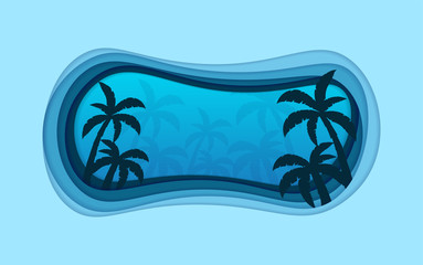 Fototapeta na wymiar Summer Time banner with palms. Paper cut and craft style. Vector illustration