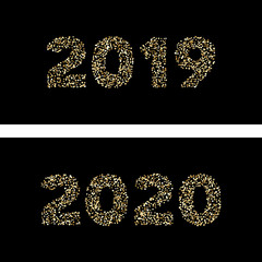 Luxury golden New Year 2019 2020, gold glittering confetti patricles on dark background. Scattered golden dots. Vector illustration.