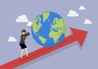 Business woman pushing the world on graph up