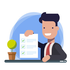 Survey or exam form paper sheet in hand of businessman, answered quiz checklist and success result assessment. Happy person showing questionnaire document. Flat cartoon clipart image isolated.