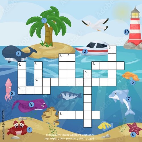 "Crossword kids magazine book puzzle game of sea underwater ocean fish
