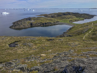 coastline of Fogo Island with icebergs, Newfoundland