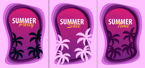 Set of Summer Time banners with palms. Paper cut and craft style. Vector illustration