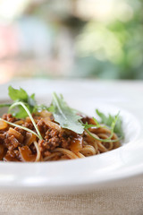 spaghetti Bolognese with minced beef and tomato sauce garnished with parmesan cheese and basil , Italian food