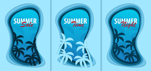 Set of Summer Time banners with palms. Paper cut and craft style. Vector illustration
