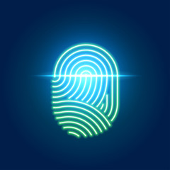 Finger print scanning identification system. Biometric authorization, business security and personal data protection concept. Touch ID neon icon
