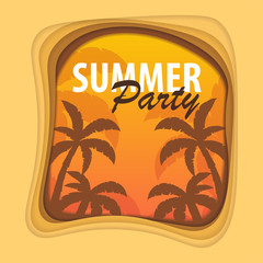 Summer Time banner with palms. Paper cut and craft style. Vector illustration