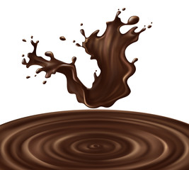 3D vector melted, liquid hot chocolate, cacao or coffee falling splash with drops, realistic illustration isolated on background. Sweet fluid dessert, mockup for brand promotion and package design