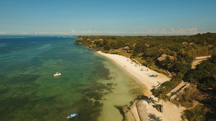 Aerial view of tropical beach on the island Bohol, Philippines. Beautiful tropical island with sand beach, palm trees. Tropical landscape: beach with palm trees. Seascape: Ocean, sky, sea