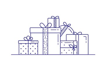 Obraz premium Holiday gift boxes wrapped in paper and decorated with ribbons and bows. Pile of packed festive presents drawn with contour lines on white background. Monochrome vector illustration in lineart style.