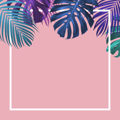 Monstera deliciosa or Swiss cheese plant and Yellow palm tropical leaves with white line frame on...