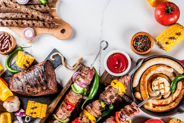 Assortment various barbecue food grill meat, bbq party fest - shish kebab, sausages, grilled meat...