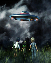 Kids looking to a UFO saucer on the sky at night,3d illustration © Joe Therasakdhi