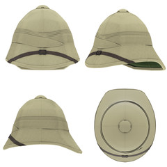 Set of Classic Cork Pith Helmets. All side view. Equipment for safari or explorer. Research and discover. 3D render Illustration isolated on a white background.