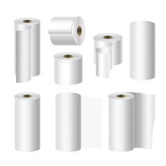 Realistic toilet and towel paper roll mock up set