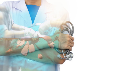 Double exposure of Vet is holding stethoscope on Veterinarian performing surgery background