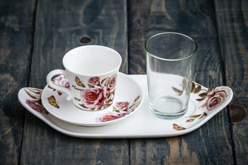 Classic Porcelain Turkish Coffee Cup with Tray and Glass